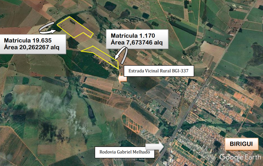 IMÓVEIS RURAIS C/ 18,570466 e 49,034688 hectares localizado na antiga Fazenda Baguassu, Bairro Rural do Goulart, em Birigui/SP